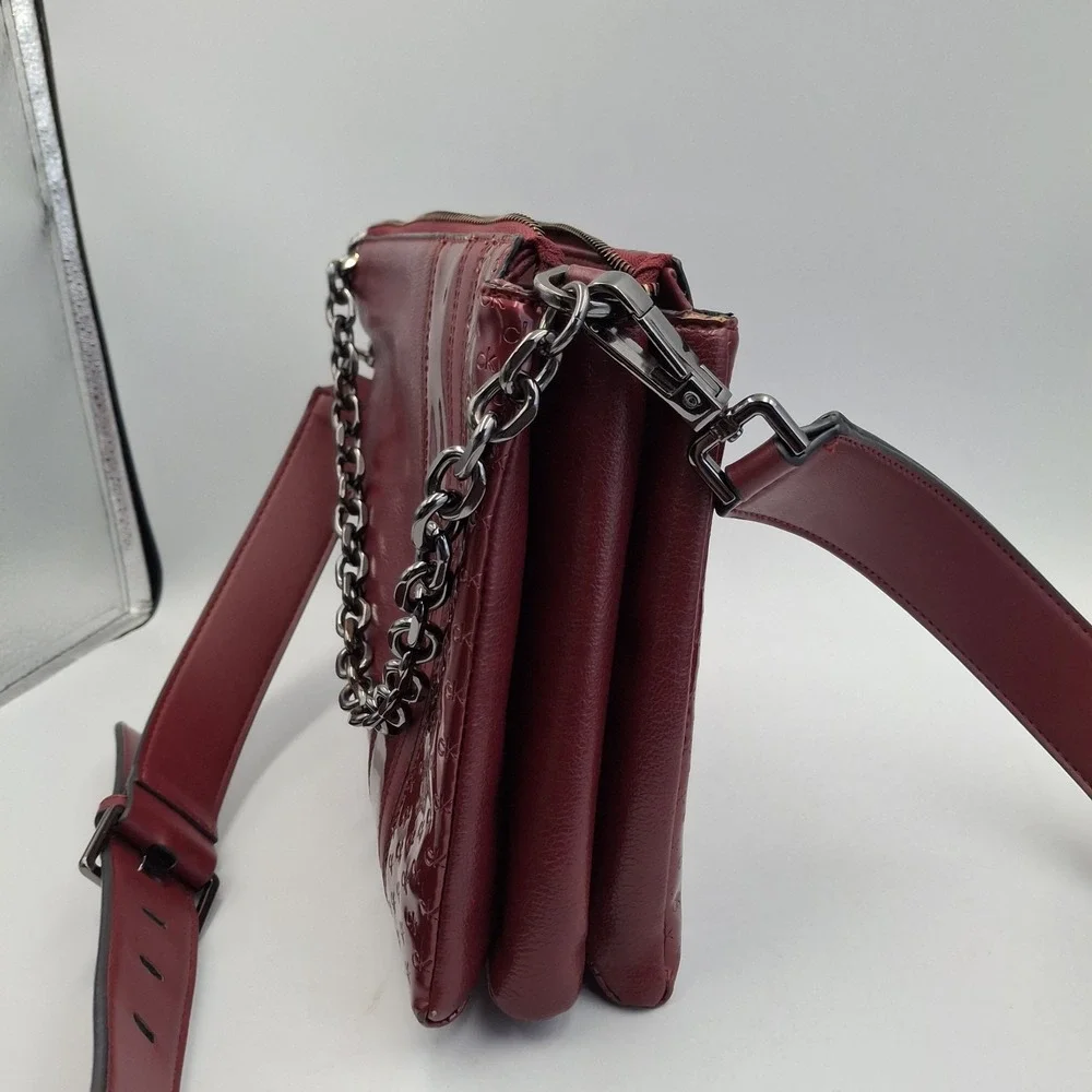 Calvin‎ Klein Crossbody Bag Burgundy Wine Mixed Media Embossed CK Logo Chain